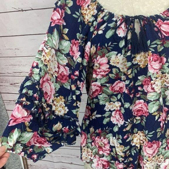 Umgee Woman's Blue Floral Print Scoop Neck Cotton Peasant Blouse Size Small - Picture 4 of 7